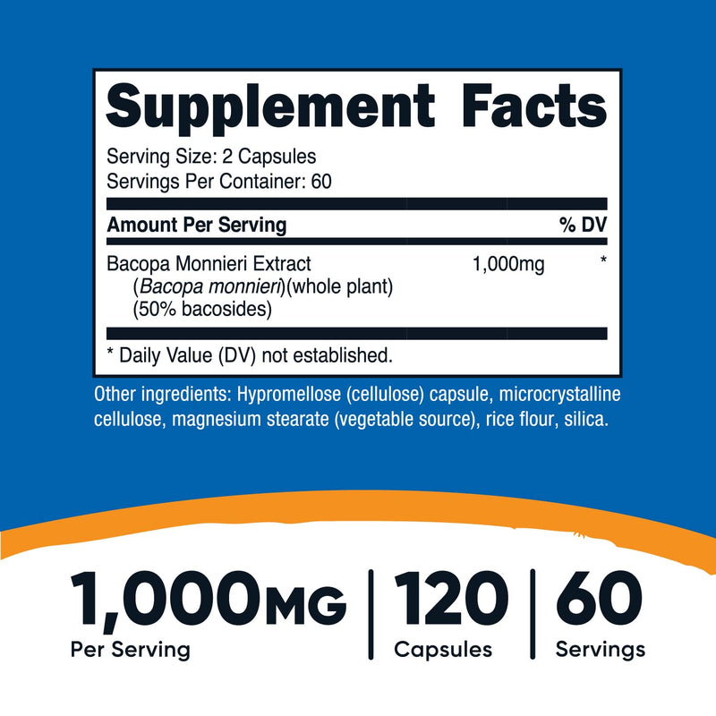 [Australia] - Nutricost Bacopa Monnieri 1,000mg, 120 Capsules (60 Servings) - Non-GMO, Gluten Free, and Vegetarian Friendly 120 Count (Pack of 1) 