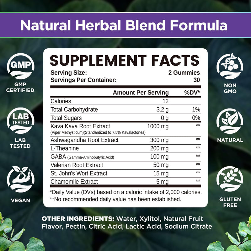 [Australia] - Chewable Kava Kava Gummies, Kava Kava Root Extract with Ashwagandha & L-Theanine, Kava Supplement for Women & Men, 7-in-1 Herbal Blend for Stress Relief & Relaxation, Sugar-Free, Vegan, 60 Ct 1 PACK 