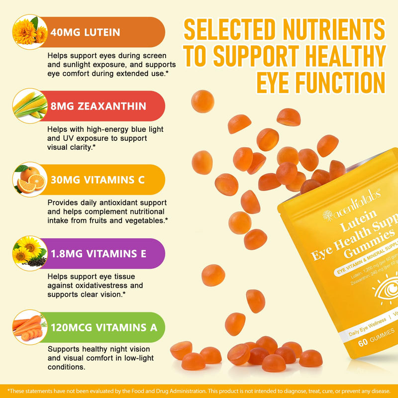 Lutein and Zeaxanthin Supplements,Lutein Gummies for Dry Eye Relief & Clear Vision,Blue Light Filtering | Eye Health Support– Non-GMO & Vegan, 60 Gummies