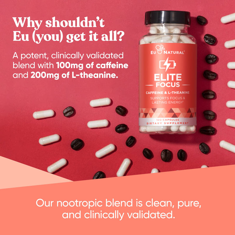 [Australia] - Elite Caffeine Pills with L-Theanine – Jitter-Free Focused Energy Supplements – Clean & Natural Nootropic Stack for Smart Cognitive Performance – 120 Soft Capsules 