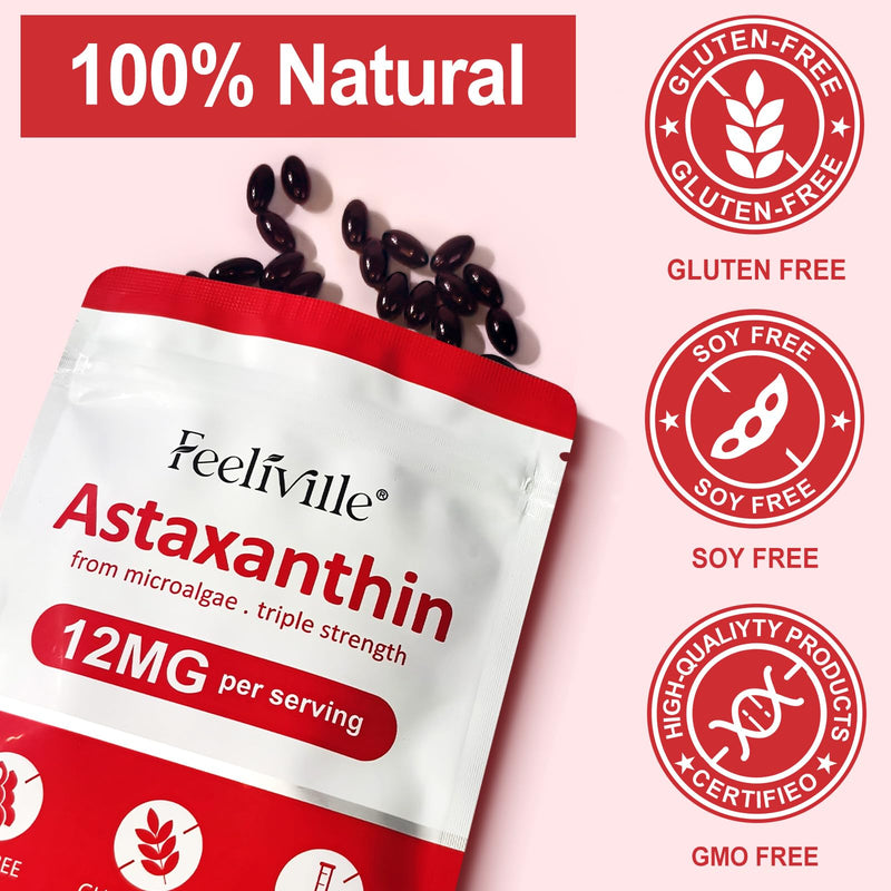 Astaxanthin Supplements, Premium Astaxanthin 12mg, Supports Eye, Skin, Joint, Brain, Heart & Immune System Health, Fresh Haematococcus Pluvialis, Non-GMO | No Gluten (2PCS) 2pcs