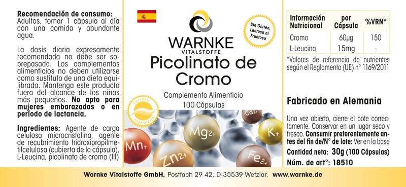 [Australia] - Chromium picolinate - with 60µg chromium per capsule - 100 capsules - essential trace element - vegan - Chromium Picolinate | Warnke vital substances - German pharmacy quality 