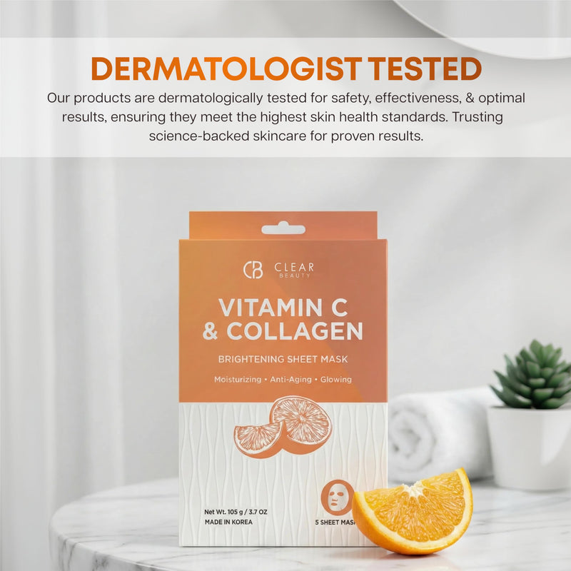 Clear Beauty Vitamin C & Collagen Face Mask – Hydrating & Firming Sheet Masks For Dry, Dull, Aging Skin – Dermatologist Tested, Anti-Aging, Korean Skin Care – Cruelty-Free Clean Beauty – 5 Count Vitamin C & Collagen (V2)