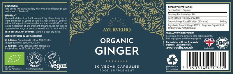 Ayurvediq Organic Ginger Root Capsules 600mg 100% Soil Association Organic Ginger Supplements High Strength Formula - Health and Wellbeing Supplements for Digestive Relief, Anti Inflammatory, 60 caps 60 count (Pack of 1)