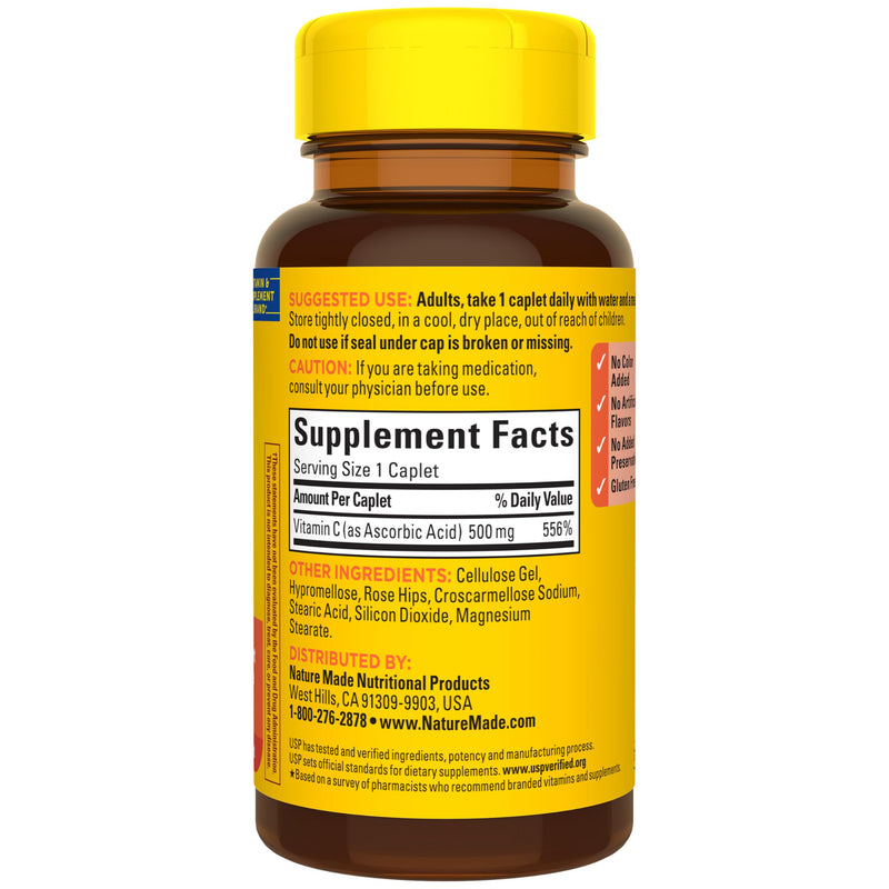 Nature Made Vitamin C 500 mg with Rose Hips Caplets, 130 Caplets | Vitamin C for Immune Support and Antioxidant Support, 130 Day Supply 130 Count (Pack of 1)