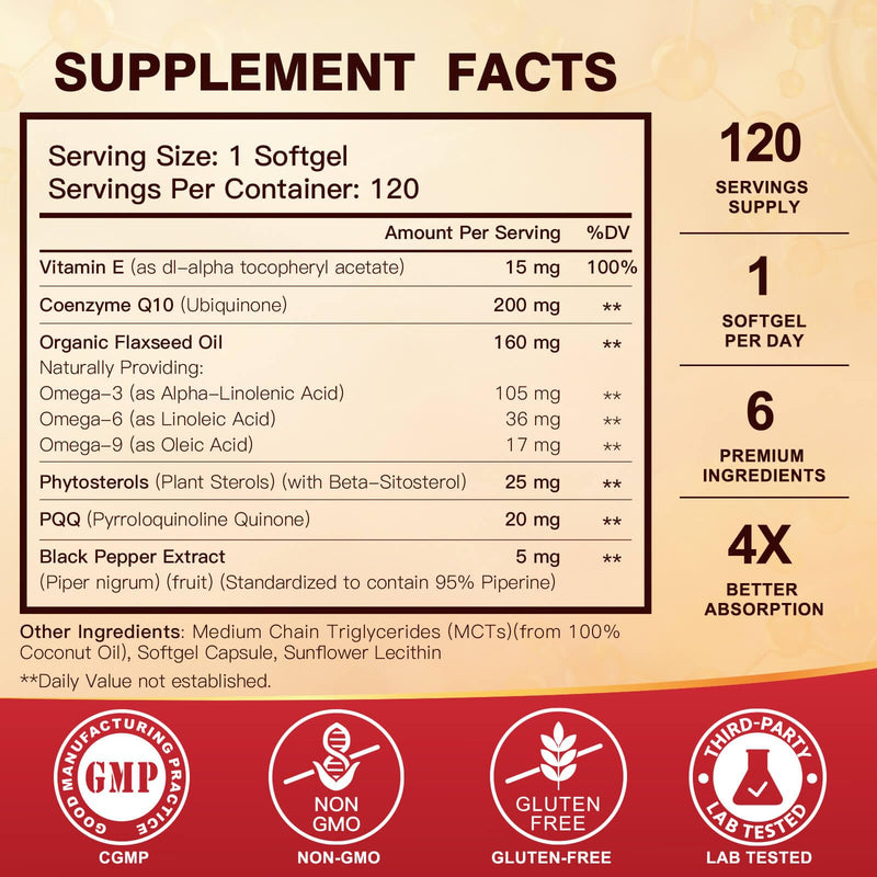 [Australia] - CoQ10 200mg Softgels with Vitamin E & Omega 3-6 -9 & PQQ - High Absorption Coenzyme Q10 with Bioperine | Maximum Antioxidant | Heart Supports & Cellular Energy Production Supplement | 120 Servings 