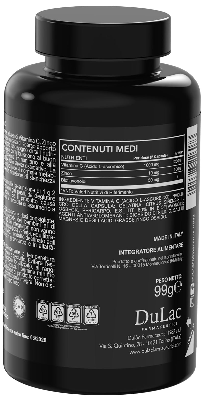 Dulàc - Vitamin C 1000mg, 180 Capsules, High Strength Vitamin C, Enriched with Zinc & Bioflavonoids, Immune Defence, Energy Metabolism, Antioxidant Action, Gluten-Free, Made in Italy