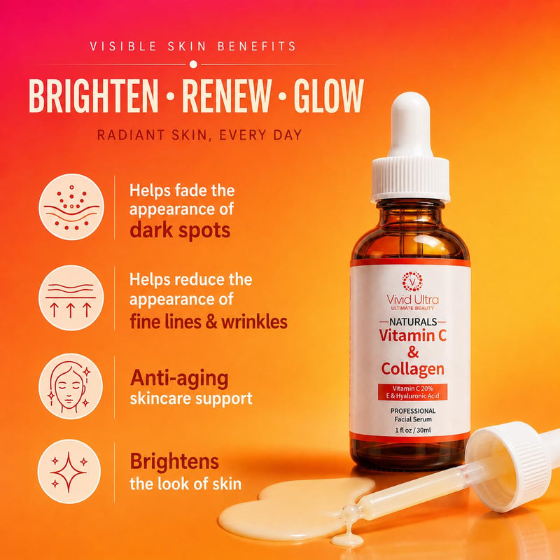 Vivid Ultra Vitamin C Serum for Face – Anti-Aging Serum with Hyaluronic Acid, Collagen & Vitamin E – Brightening Dark Spots, Firming Skin, Reducing Wrinkles & Acne Scars – 1 Fl Oz