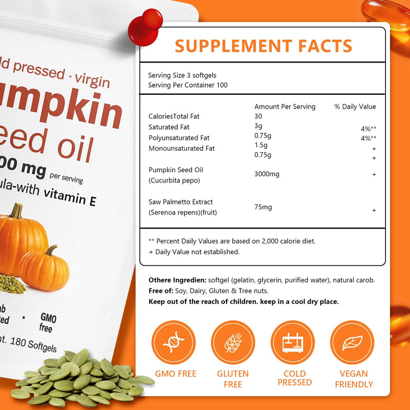 Pumpkin Seed Oil Capsules, 180 Softgels | Cold-Pressed 4:1 Extract 3000mg | Supports Prostate, Bladder & Hair Health | Rich in Omega 6&9, Phytosterols | Non-GMO, Gluten-Free White