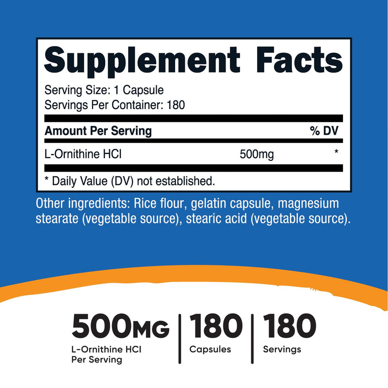 [Australia] - Nutricost L-Ornithine 500mg, 180 Capsules - Non-GMO and Gluten Free 180 Count (Pack of 1) 