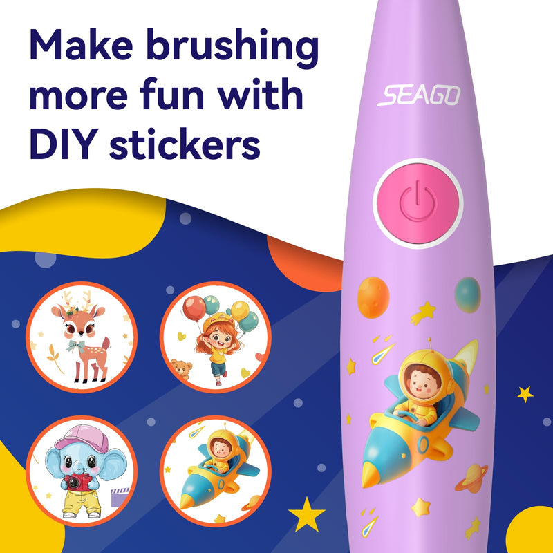 SEAGO Kids Electric Toothbrush Rechargeable with Smart Timer, LED Observing Light & DIY Stickers for Toddlers Ages 2-4, Soft Bristles for Oral Care, USB Charging (Pink) Pink