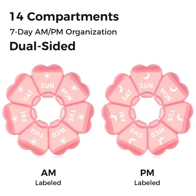 LANDNEOO Weekly Pill Organizer 2 Times a Day, Cute Double-Sided AM PM Pill Case 7 Day, Pink Travel Pill Box for Medication, Vitamins, Fish Oils, Supplements - Pink