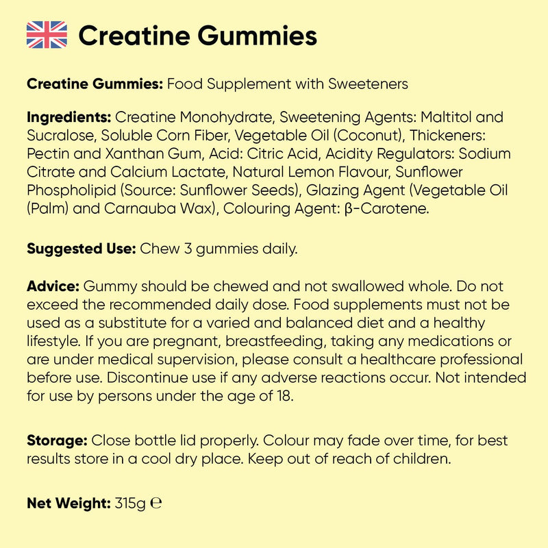 Creatine Gummies for Women & Men - 5000mg - Sugar-Free - 90 Gummies - Natural Lemon Flavour - Vegan-Friendly Creatine Monohydrate Supplement - 1 Month Supply - Non-GMO & Gluten-Free