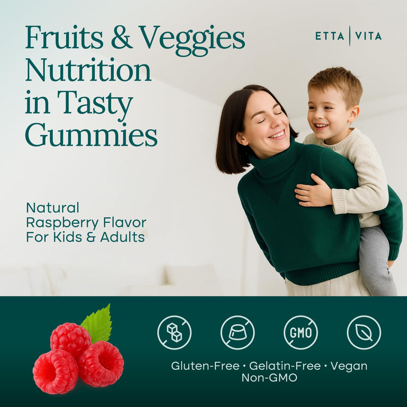 Fruits and Veggies Gummies with 9 Superfruits & 30 Veggies (120 Soft Chews) | Fruits and veggies supplement with vitamins & minerals, super greens gummies, non-GMO, pectin-based, gluten-free, USA