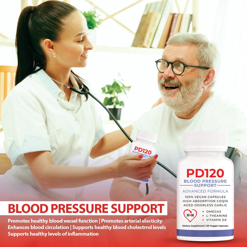 PD120 Blood Pressure Support Supplement | Heart Health | High Absorption CoQ10 Beet Root Garlic Extract Hawthorn Berry Omega-3 D3 Nitric Oxide | 2 Month Supply | 120 Veggie Caps