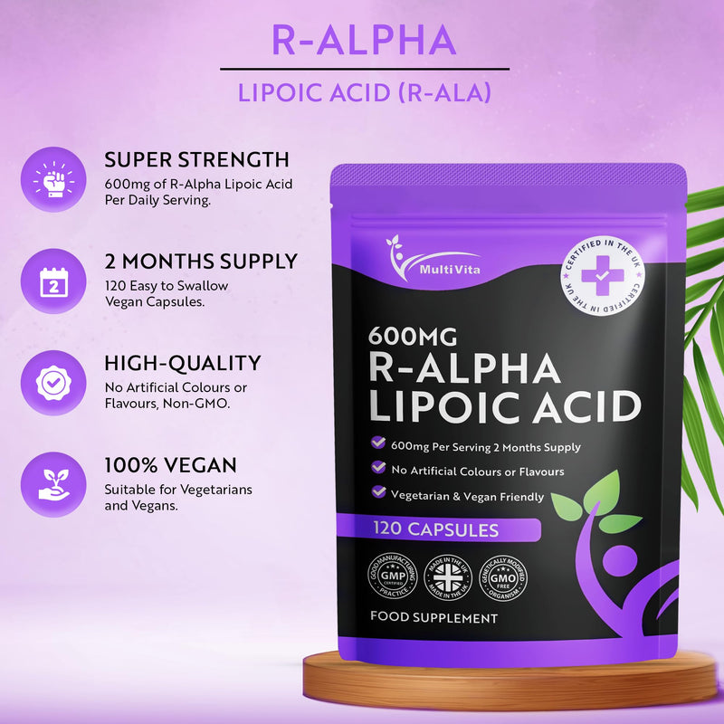 R-Alpha Lipoic Acid R-ALA 600mg Per Serving 120 Capsules High Strength Antioxidant Supplement, Contains Only the R Form, Non-GMO, UK Manufactured to GMP Standards
