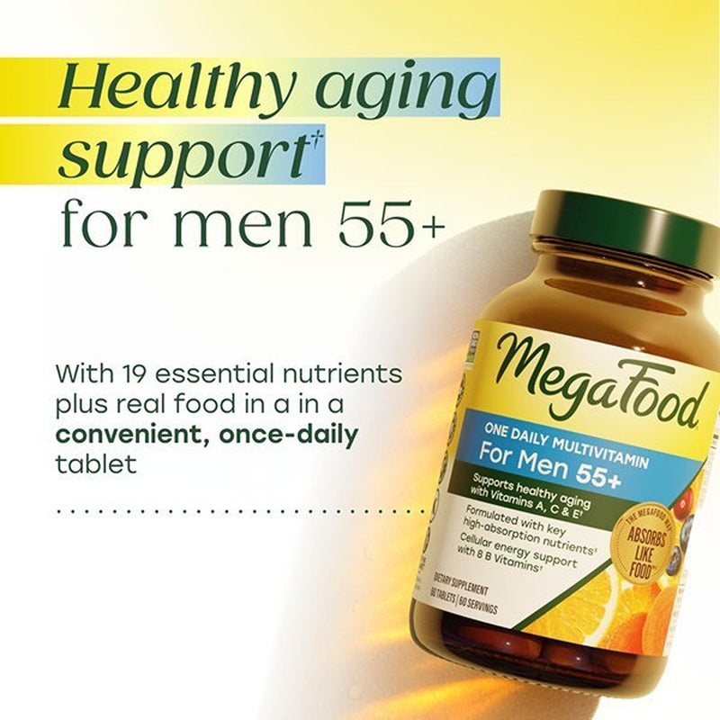 MegaFood One Daily Multivitamin for Men 55+ with 19 Nutrients, 120 Tablets | Supports Healthy Aging with Vitamin C, A, E, Cellular Energy Support with B Vitamins, D3 & Zinc, Vegetarian, 120 Servings Unflavored 120 Count (Pack of 1)