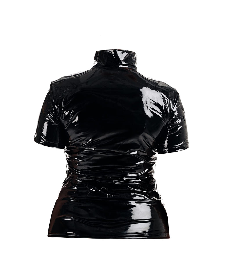 Rubberfashion Wetlook Shirt - Shiny Wetlook Short Sleeve T-Shirt - Sexy Shirt for Women and Men M Black Lacquer