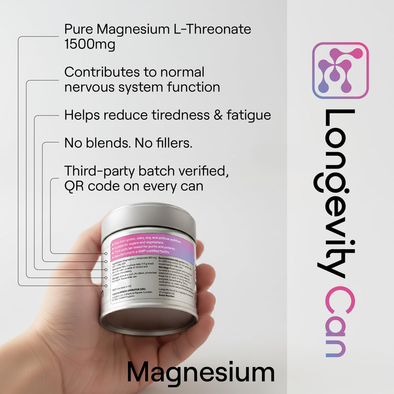 Magnesium L-Threonate Powder 50g | Pure Magnesium L-Threonate | 1500mg (3 Scoops) | ~33 Servings | Unflavoured | Vegan | Additive-Free | Third-Party Tested | Metal Tin