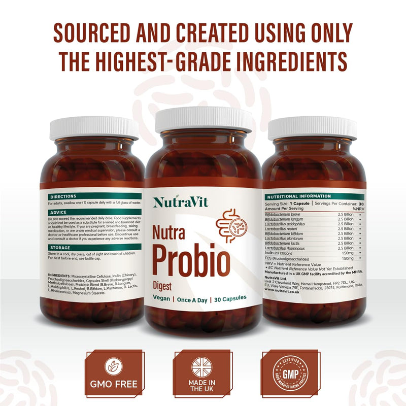 NutraProbio Digest - 20 Billion Probiotic Cultures for Gut & Digestive Health - with Added Prebiotics, Inulin & FOS - Improves Digestion & Immune System - NutraVit, 30 Capsules