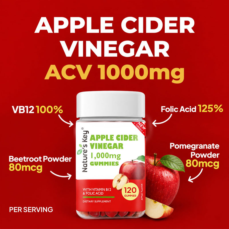 Nature's Key Apple Cider Vinegar Gummies -1000mg ACV Gummies Apple Cider with b12|Folic Acid|Vitamin B6|B12 |Beetroot |Pomegranate|Superfood|, Vegan, Non-GMO, Gluten Free 120 Count (Pack of 1)