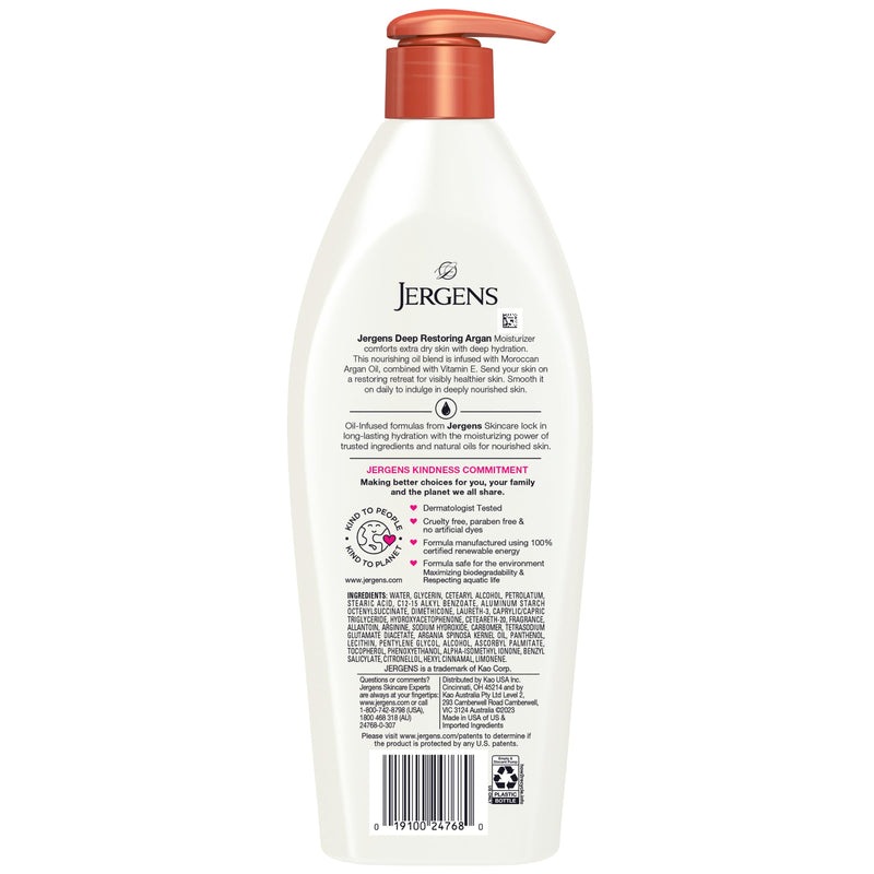 Jergens Deep Restoring Argan Oil Body Lotion For Dry Skin, 16.8 fl oz | Vitamin E, Restores Hydration, Long-Lasting Moisture, Lightweight Feel, Fast Absorption 16.8oz Lotion 16.8 Fl Oz (Pack of 1)