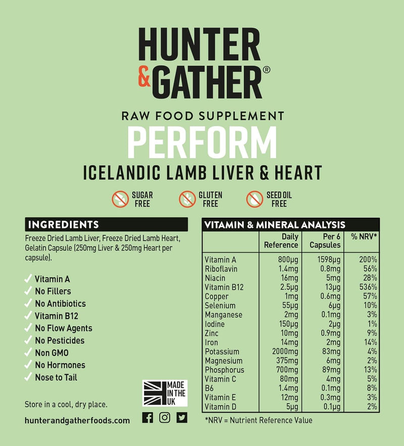 Hunter & Gather Nose to Tail - 90 Perform Capsules | Wild, Grass Fed Icelandic Lamb Ancestral Inspired Supplements| Raw Freeze-Dried Lamb | No GMO Feeds, Antibiotics Or Hormones 90 count (Pack of 1)