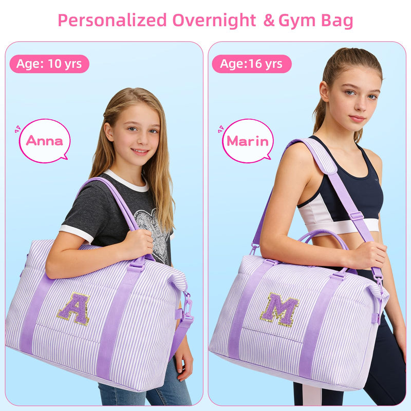 Birthday Gifts for Teen Girl Women Initial Travel Duffle Bag | Cute Overnight Weekender Bag with Makeup Pouch, Personalized Dance Gymnastics Bag, Purple-G G