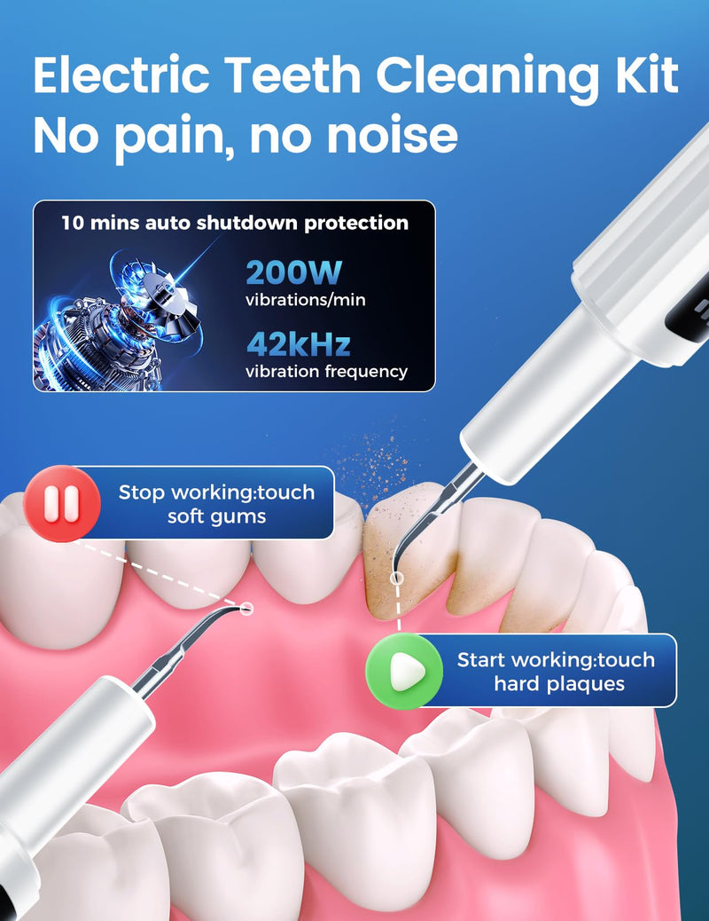[Australia] - Plaque Remover for Teeth, Tartar Remover for Teeth with 3 Modes & Tongue Cleaner – Rechargeable Teeth Cleaning Kit with LED Light, Portable, Includes 2 Replacement Heads 
