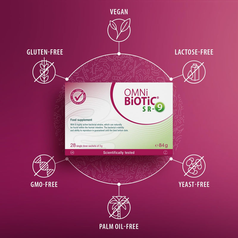 OMNi BiOTiC SR-9 | Stressed? Relax Your Gut Flora | 28 Sachets | Probiotics for Stress Resilience | 9 Bacterial Strains | 15 Billion Bacteria per Daily Dose | Powder | Vegan | Gluten-Free | Halal |