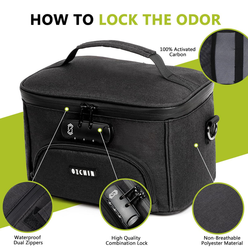 [Australia] - OZCHIN Smell Proof Bag with Combination Lock, Odor Proof Bag Durable Carbon Lining Smoking Tobacco Cases Odorless Organizer Medicine Bags Lockable Box, Great Gifts for Father's Day(Black) Black 
