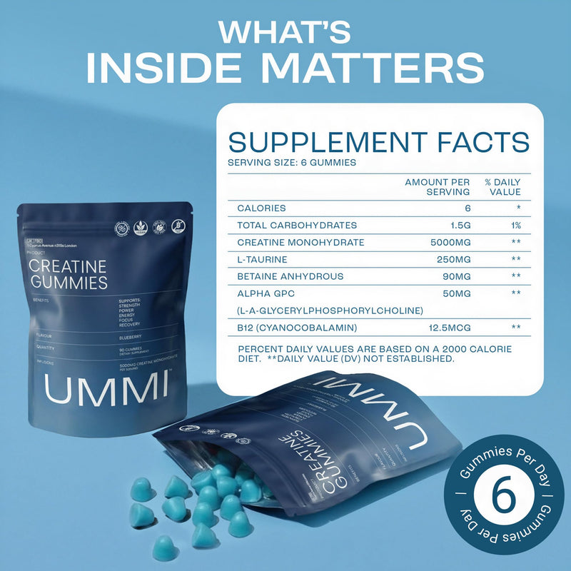 UMMI Creatine Gummies – Helps Support Physical Performance, Vegan & Sugar-Free with Betaine, B12 & Taurine - 5000mg Chewable Creatine Monohydrate Gummies for Men and Women - Blueberry Flavor, 90 Count