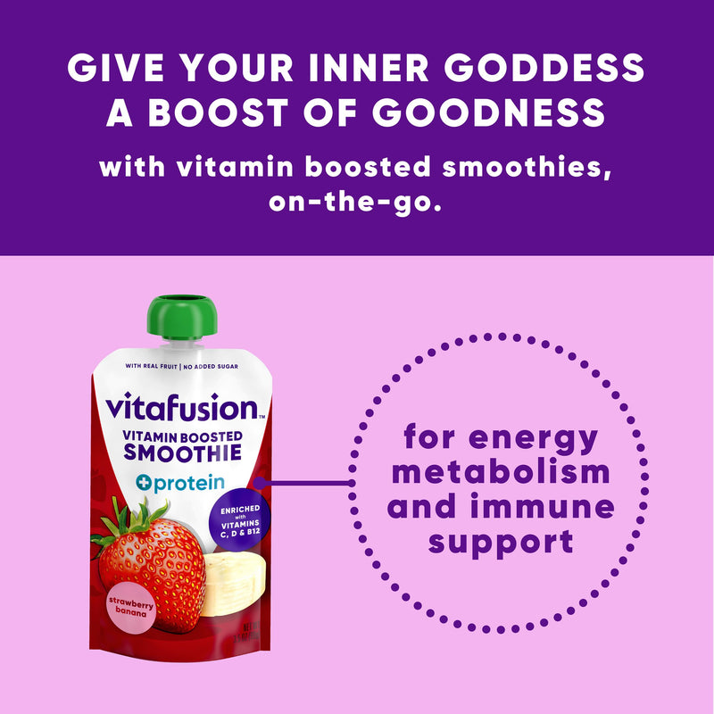 vitafusion Vitamin-Boosted Smoothie +Protein for Energy Metabolism and Immune Support, Strawberry Banana Flavor Excellent Source of Vitamins C, D, and B12, 3.5oz, 6 Count Vitamin Boosted Smoothies +Protein
