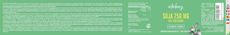 Vitabay Soybean extract, 250 mg per capsule, made of real soy, contains 40% isoflavones, value pack with 120 capsules, no additives and 100% vegan, pharmaceutical quality