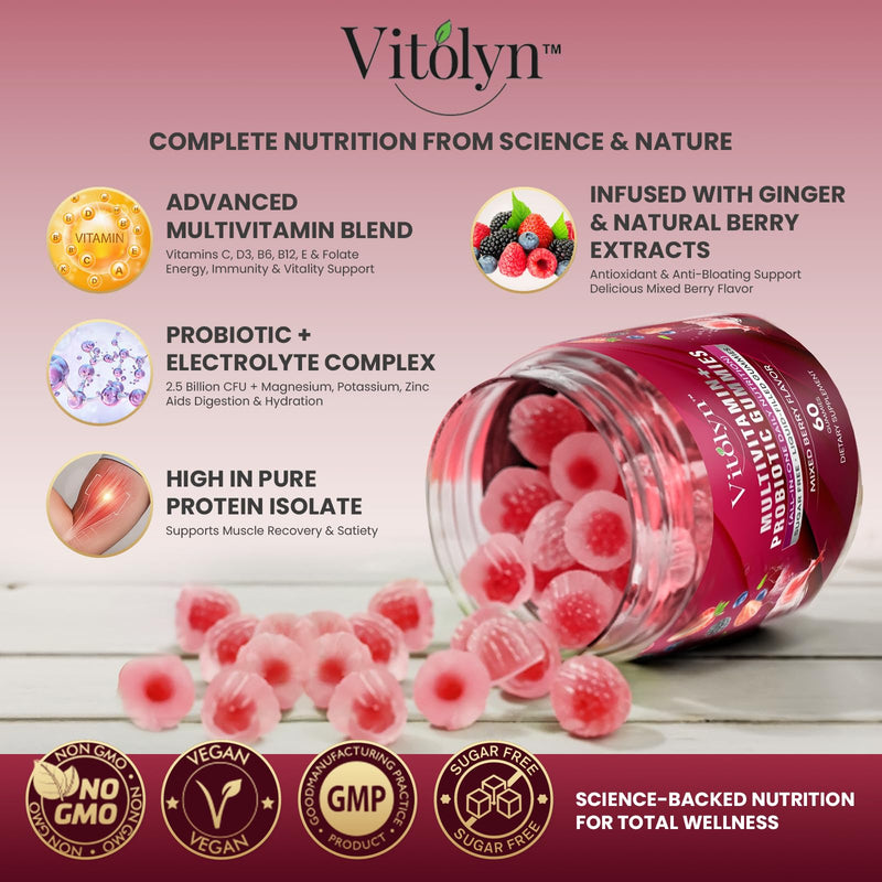 Methylated Multivitamin Gummies for Women & Men, Probiotic Gummies, Digestive Enzymes, Magnesium, Methylated B6&B12, Electrolytes,Ginseng,Zinc, Biotin, D3, Sugar Free Vegan, Energy, 60 Count.
