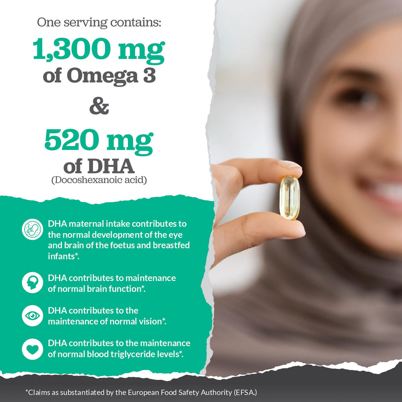 Vegan Omega 3 Algae Oil 1300mg - 520mg DHA per Serving - 90 Vegan Softgel Capsules with Vitamin E - High Strength DHA from Marine Algae Oil - Plant Based Omega 3