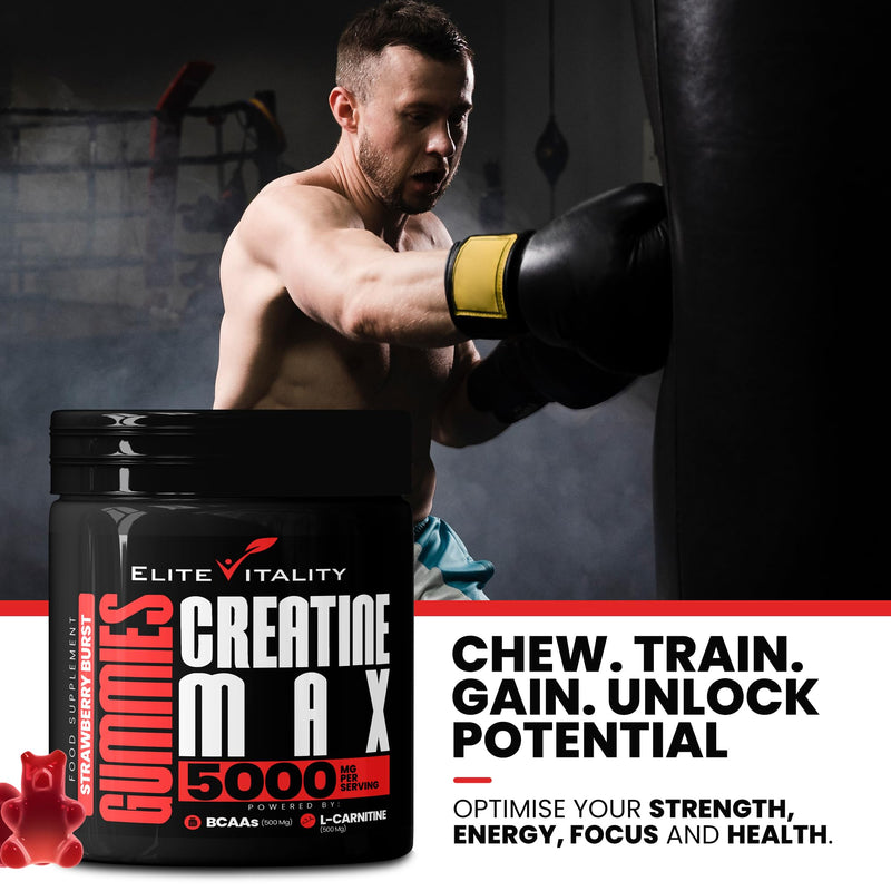 Creatine Monohydrate 90 Gummies 5000mg + BCAAs & L-Carnitine – 3rd Party Lab Tested, Vegan, Sugar-Free, Pre Workout Muscle Growth & Recovery Gym Supplement for Men & Women – Juicy Strawberry Burst