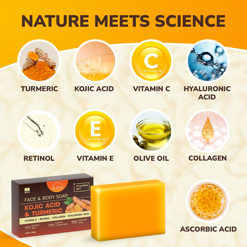 AURAE Kojic Acid & Turmeric Soap Bar for Clear, Hydrated Skin, Gentle Face & Body Cleanser with Vitamin C, Retinol, Collagen & Hyaluronic Acid, Paraben & SLS Free ((3.5oz x 2 Bars) 2 Bar Kojic Acid & Turmeric