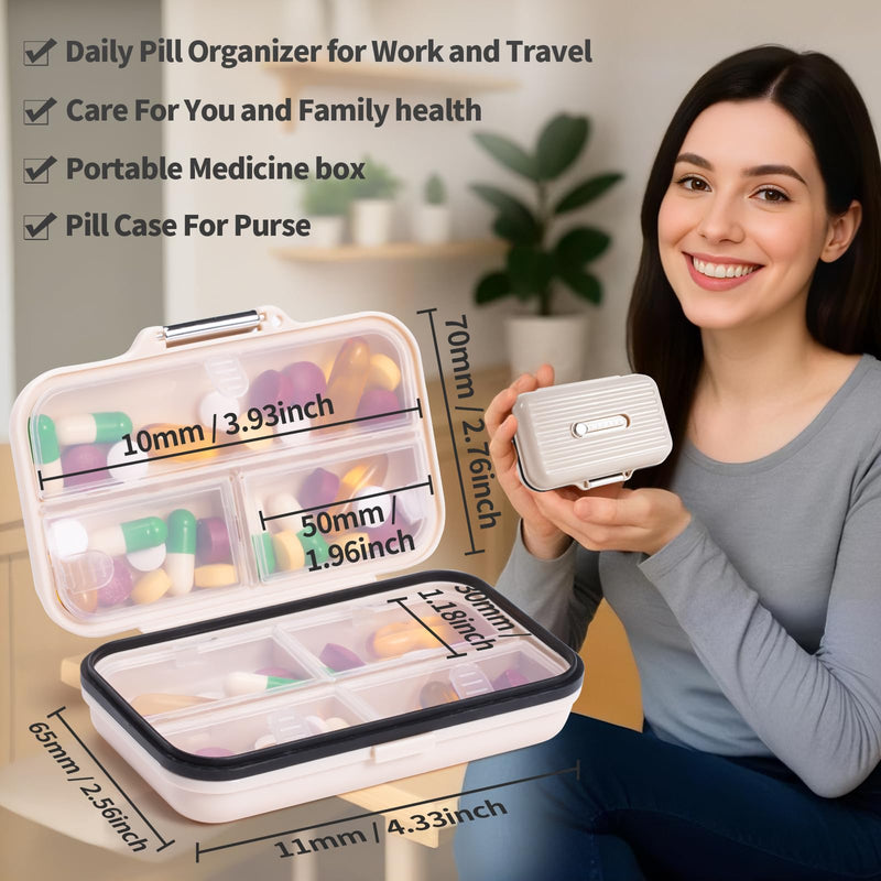 Daviky Portable Pill Organizer, Compact Travel Pill Box with Compartments | Divided compartments keep pills and vitamins organized, with a compact design for travel, work and everyday use White