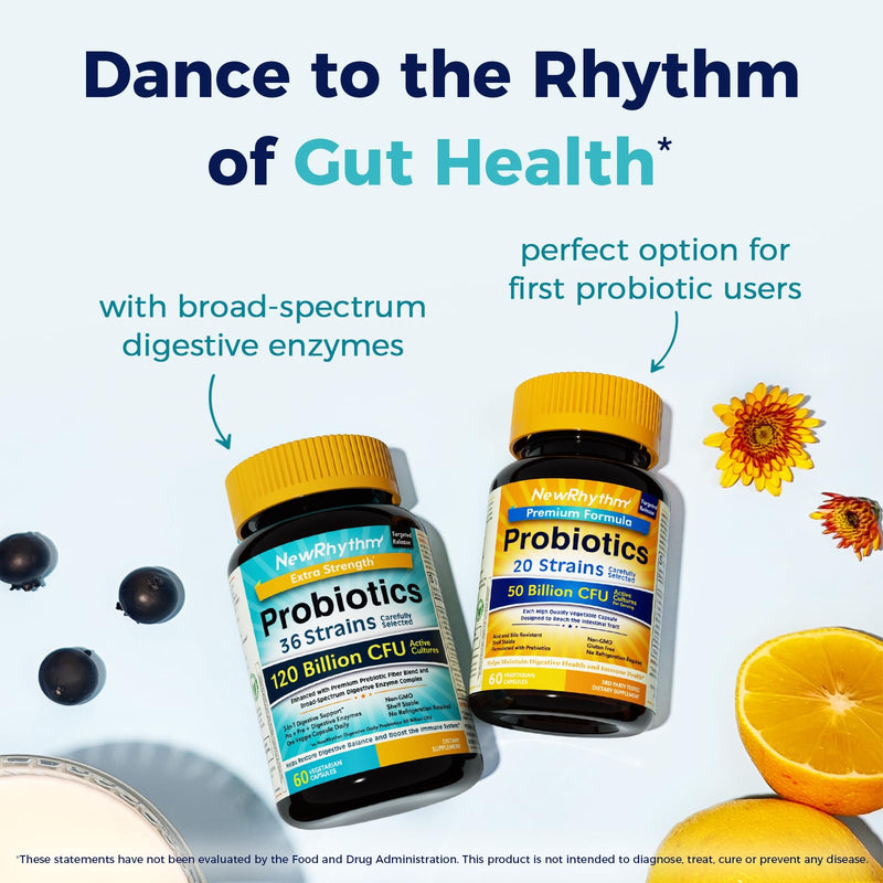 Probiotics 120 Billion CFU 36 Strains 3-in-1 with Prebiotics & Enzymes 60ct | NewRhythm Probioticos for Women & Men, Vegan Targeted Release Probiotic Supplement 60 Count (Pack of 1)
