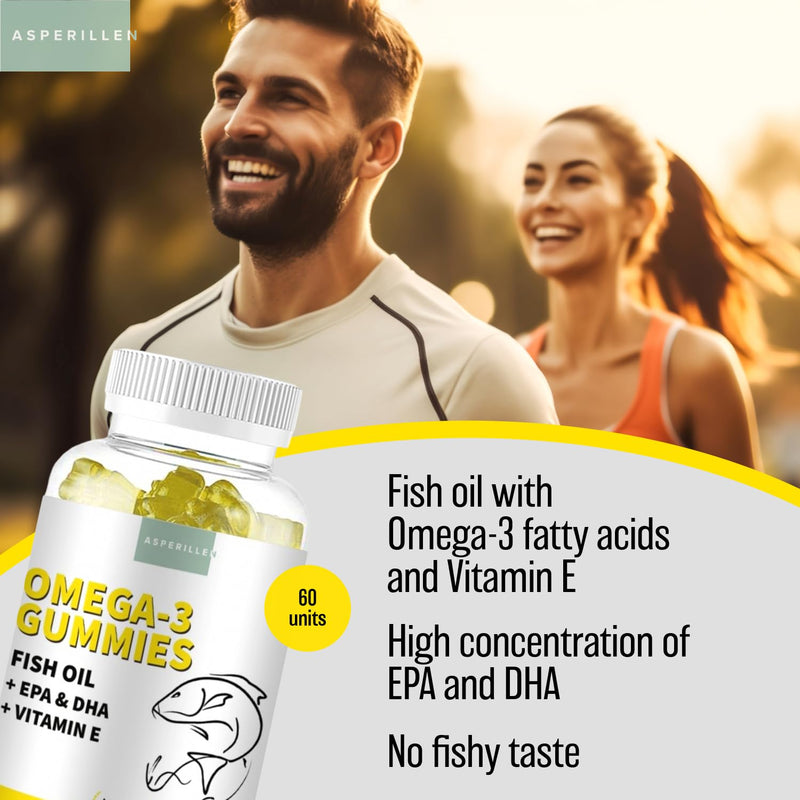 Omega 3 Gummies Adult Lemon Flavour with Vitamin E - Wild Fish Oil High Strength Omega 3 Fatty Acids, EPA & DHA - Supports Heart, Brain and Vision - No Fishy Taste, Gluten-Free, Non-GMO, 60 Gummies