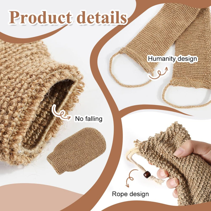 [Australia] - NOCHME Peeling Glove Set for Body, Natural Jute Sisal Hamam Peeling Gloves Mitts Back Strips Foam Net Gentle, Exfoliating Glove Effective Comfortable Peeling Set 