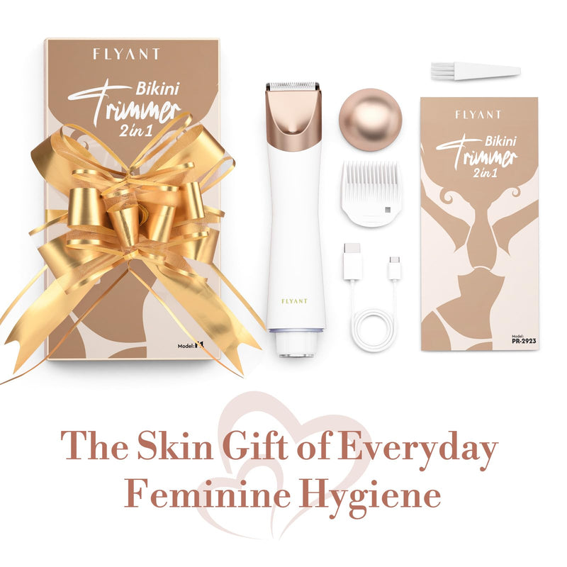 Bikini Trimmer for Women, 2 in 1 Electric Shaver for Women, Pubic Hair Trimmer Waterproof IPX7 with LED, Bikini Razor for Leg Arm Underarm Bikini Area, Pull Bows Gift Box for Friends (Shell White)