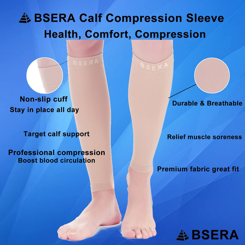 Calf Compression Sleeve Women, 2 Pairs 15-20mmHg Calf Support Footless Compression Socks Stockings for Shin Splints, Varicose Veins, Recovery Skin/Nude 2 Pairs Medium (Pack of 2)