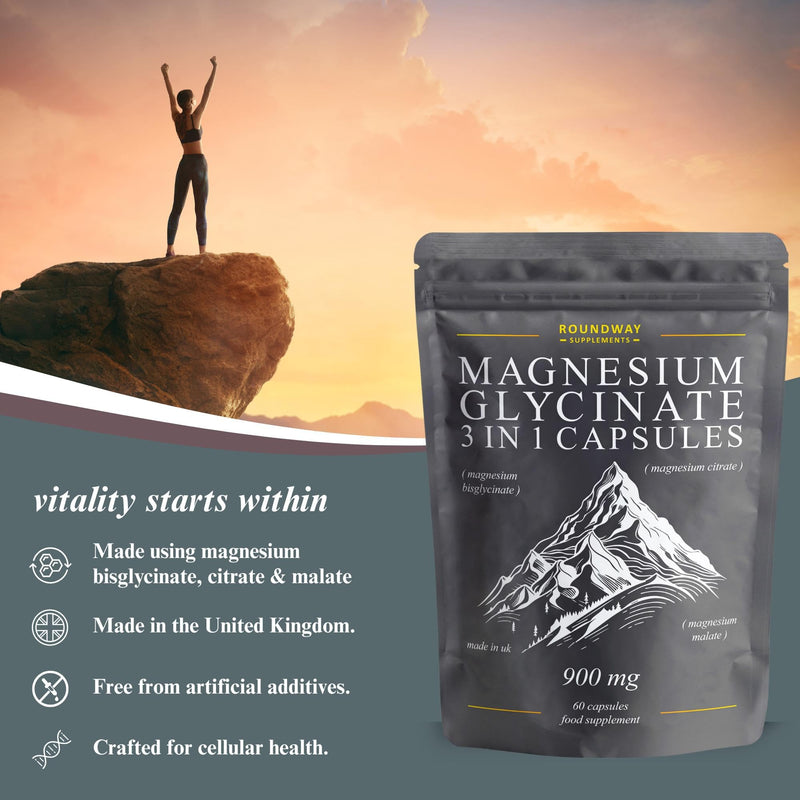 Magnesium Glycinate 3-in-1 Complex 1800mg Supplement with Magnesium Bisglycinate, Citrate & Malate | 60 Capsules, 3 Month Supply | Made in The UK by Roundway Supplements