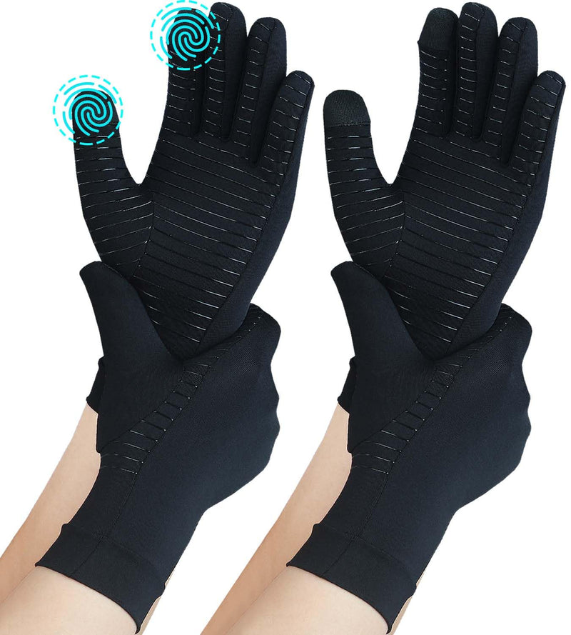 2 Pairs Full Finger Copper Arthritis Compression Gloves with Touchscreen Tips. Relief for Hand Pain, Carpal Tunnel, Rheumatoid, Inflammation, Tendonitis, Trigger Finger, RSI, Fit for Men Women (M) Medium Black