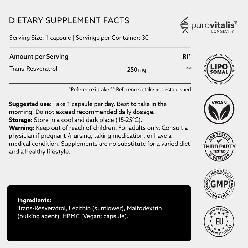 PUROVITALIS Liposomal Resveratrol 250mg, 30 Servings (30 Vegan Capsules), High Purity Trans-resveratrol Antioxidant Supplement 30 count (Pack of 1)