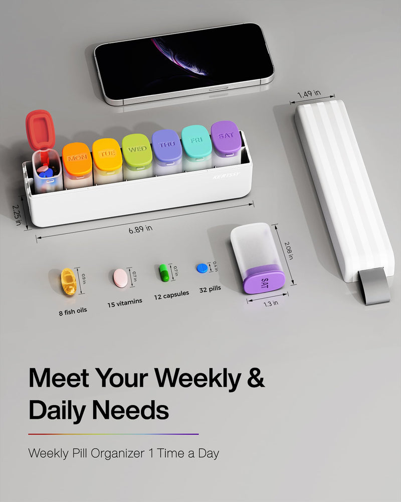 Weekly Pill Organizer 1 Time a Day - Travel Pill Box 7 Days, Large Medicine Pill Case Container for Daily Medication Vitamin Supplement Fish Oil, Portable Week Pills Organizers Holder Dispenser, White Translucent-white