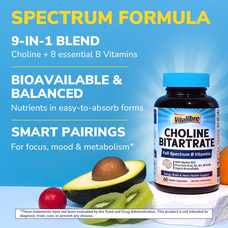 Vitalibre Choline Bitartrate 300mg Supplements, with Folate, Methyl B12, Niacinamide, Non-GMO Bioavailable Complex, Energy, Brain, Liver Support, 60 Vegan Caps