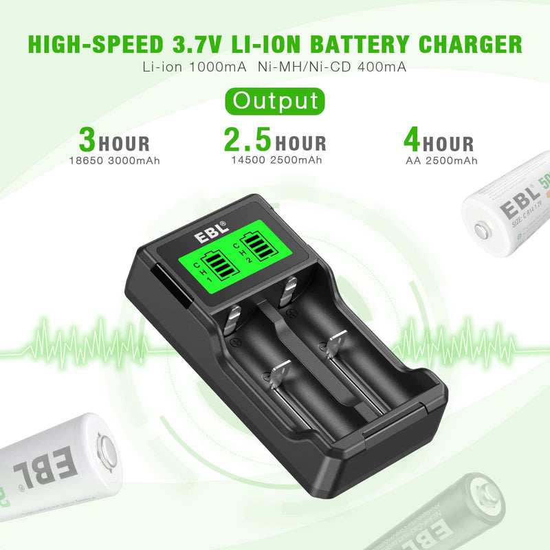 EBL Universal 18650 Battery Charger for 3.7V lithium ion Rechargeable Batteries 26650 22650 18650 18490 18350 17670 17500 16340 (RCR123) 14500 and 1.2V Ni-MH Ni-CD Rechargeable C AA AAA Batteries